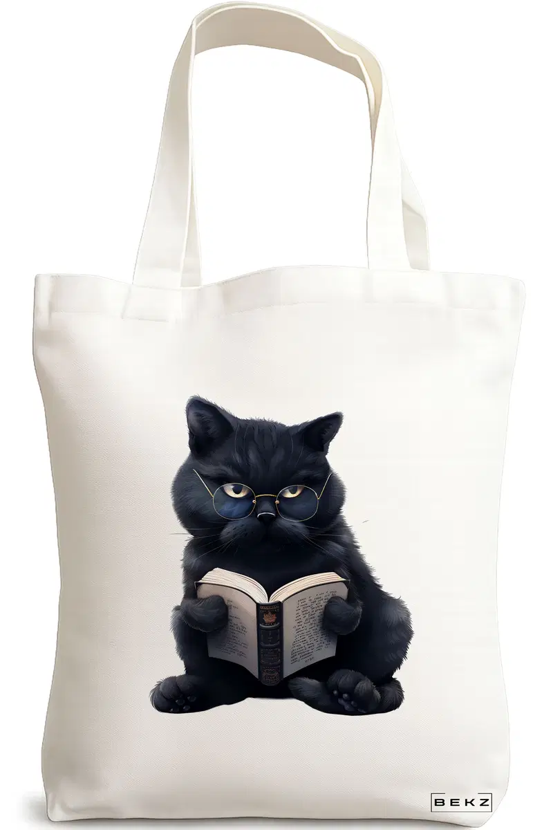 Sacosa Cumparaturi Textila, Geanta Tote, model Reading cat 9 38 x 34.5 cm, Alb, BEKZ®