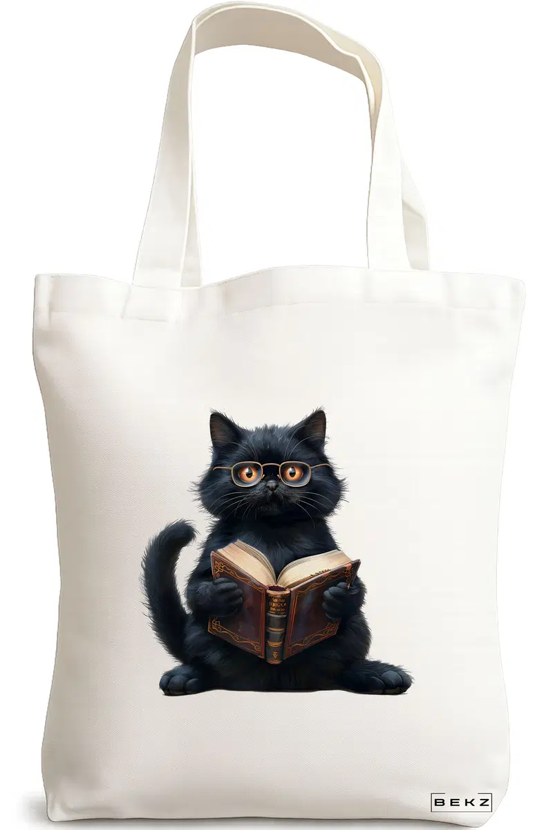 Sacosa Cumparaturi Textila, Geanta Tote, model Reading cat 10 38 x 34.5 cm, Alb, BEKZ®