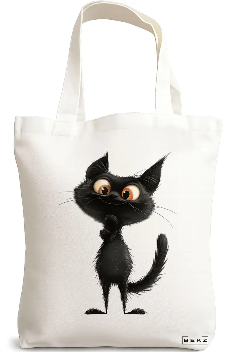 Sacosa Cumparaturi Textila, Geanta Tote, model The curious cat 38 x 34.5 cm, Alb, BEKZ®