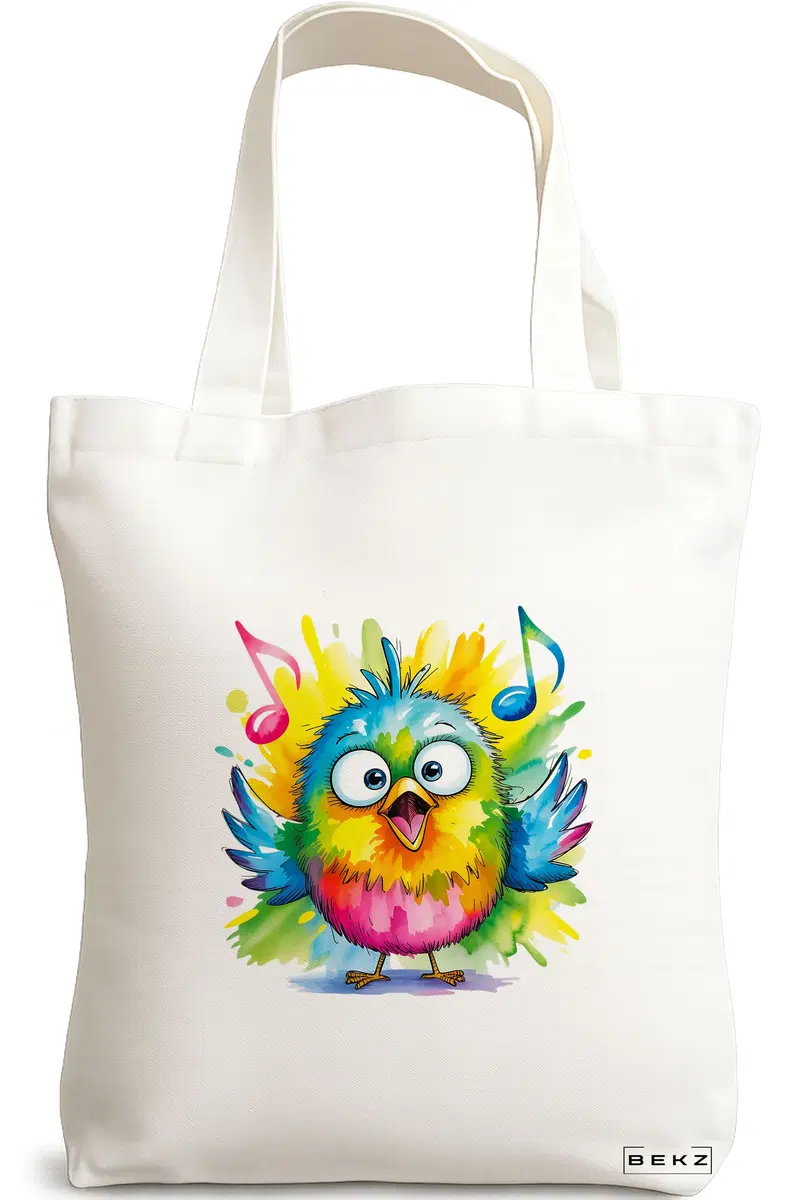 Sacosa Cumparaturi Textila, Geanta Tote, model Singing bird splash colors 38 x 34.5 cm, Alb, BEKZ®
