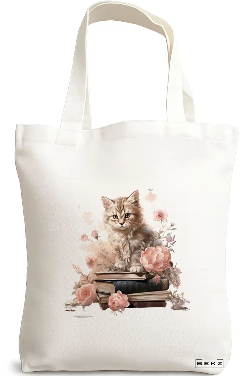 Sacosa Cumparaturi Textila, Geanta Tote, model Reading cat 11 38 x 34.5 cm, Alb, BEKZ®