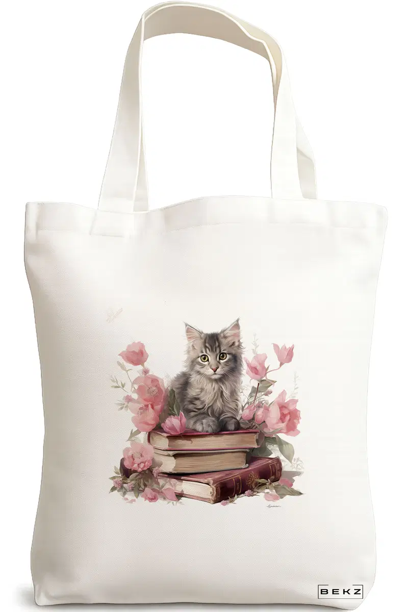 Sacosa Cumparaturi Textila, Geanta Tote, model Reading cat 12 38 x 34.5 cm, Alb, BEKZ®
