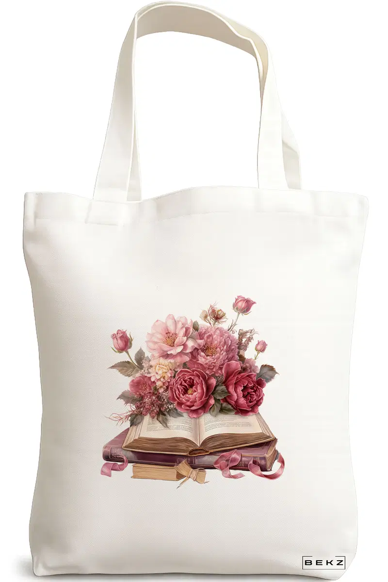 Sacosa Cumparaturi Textila, Geanta Tote, model Books and flowers 38 x 34.5 cm, Alb, BEKZ®