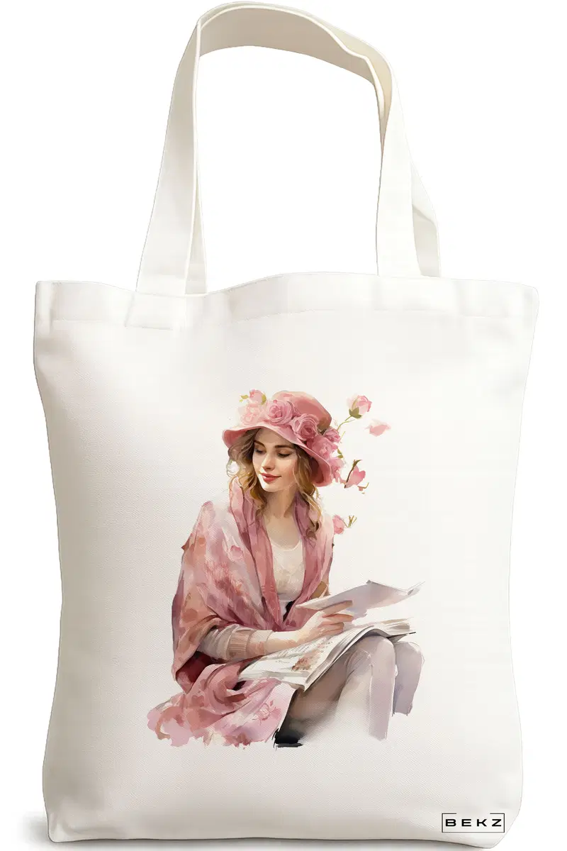 Sacosa Cumparaturi Textila, Geanta Tote, model The bookie girl 13 38 x 34.5 cm, Alb, BEKZ®