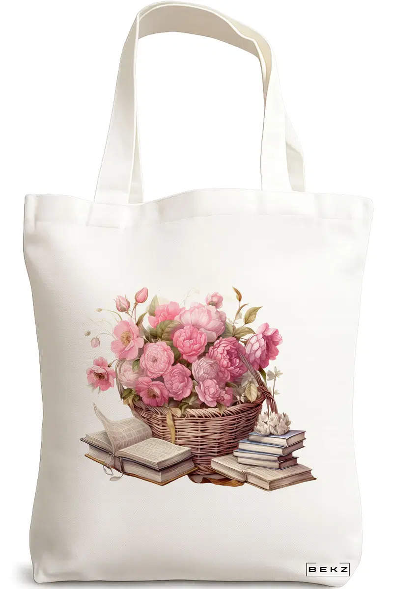 Sacosa Cumparaturi Textila, Geanta Tote, model Books and flowers 2 38 x 34.5 cm, Alb, BEKZ®