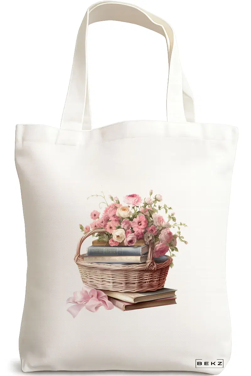 Sacosa Cumparaturi Textila, Geanta Tote, model Books and flowers 3 38 x 34.5 cm, Alb, BEKZ®