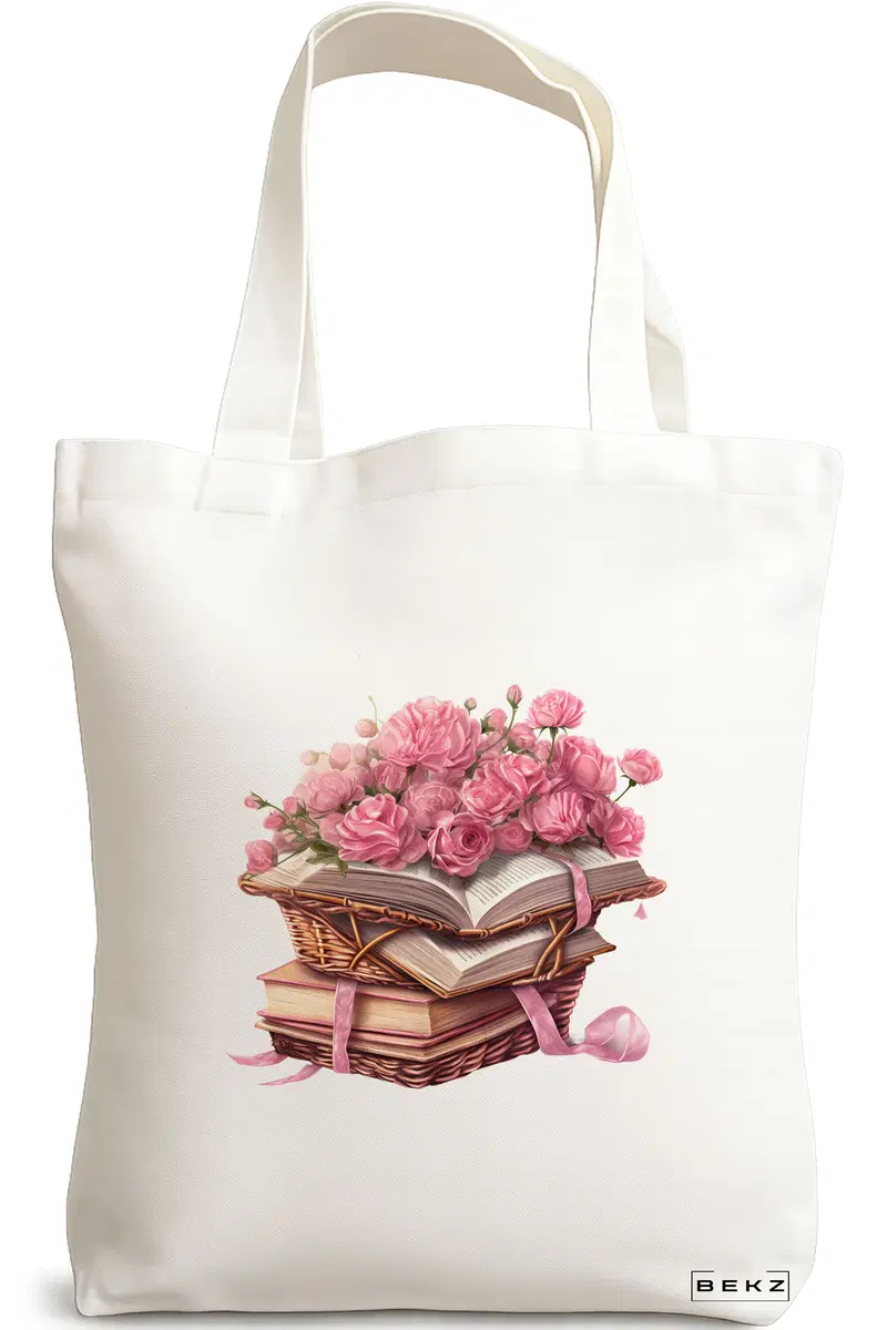 Sacosa Cumparaturi Textila, Geanta Tote, model Books and flowers 4 38 x 34.5 cm, Alb, BEKZ®