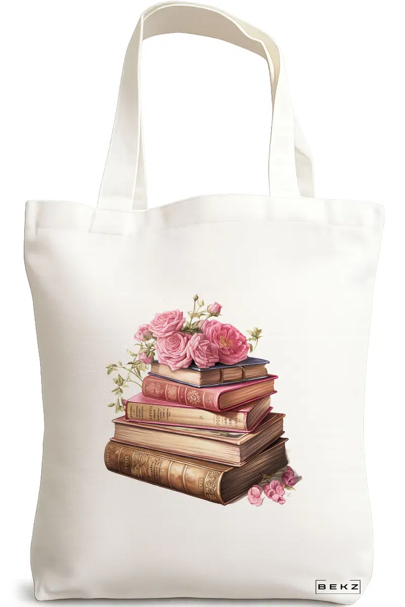 Sacosa Cumparaturi Textila, Geanta Tote, model Books and flowers 5 38 x 34.5 cm, Alb, BEKZ®
