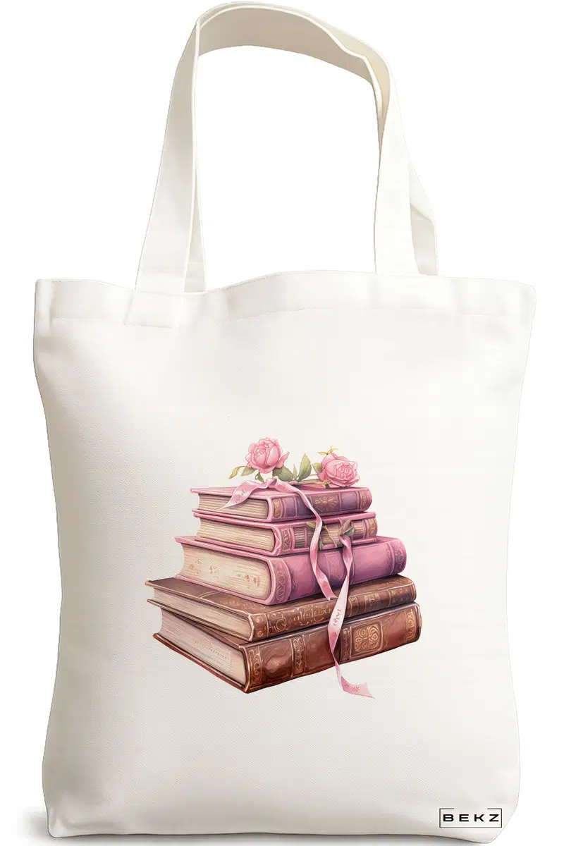 Sacosa Cumparaturi Textila, Geanta Tote, model Books and flowers 6 38 x 34.5 cm, Alb, BEKZ®