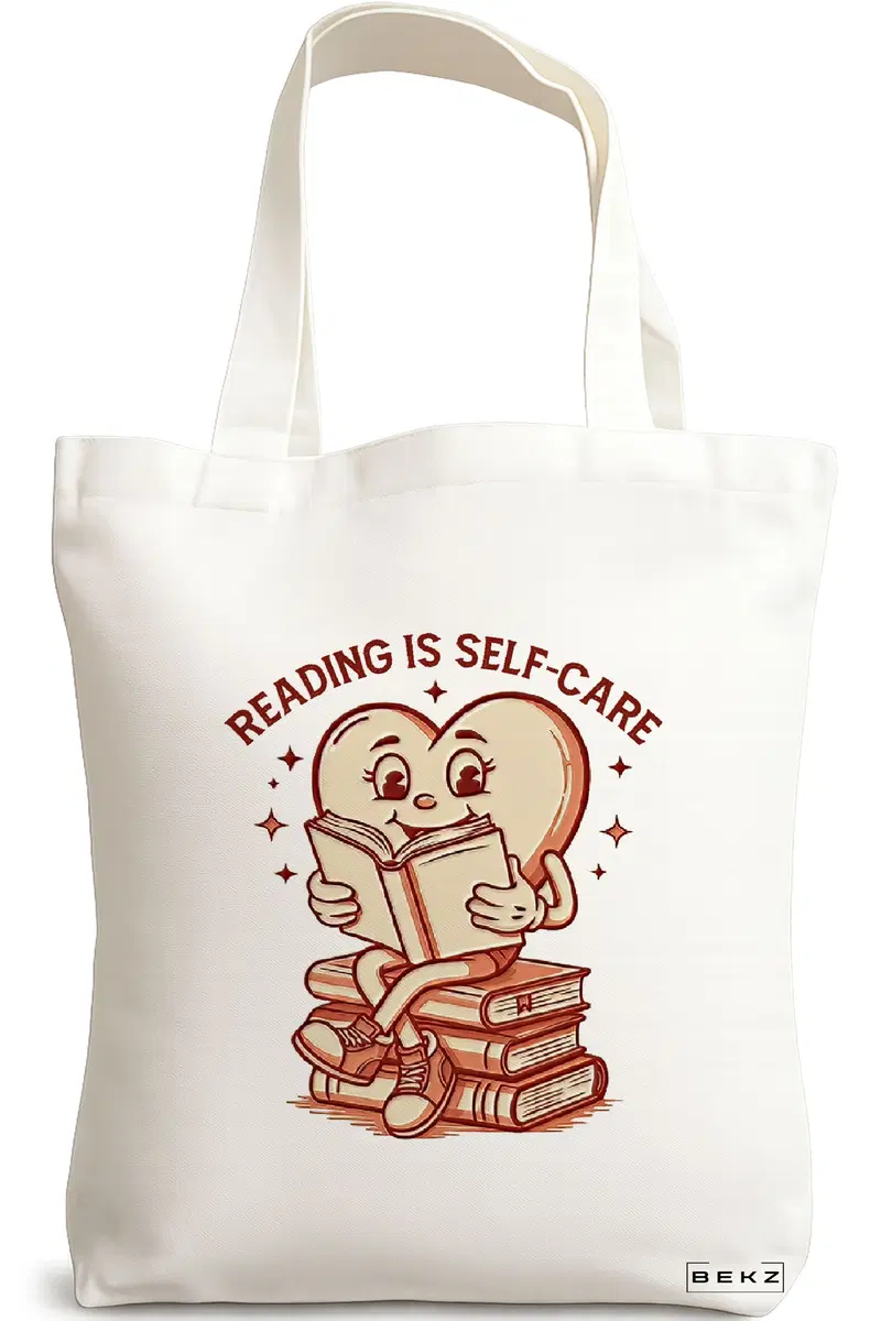 Sacosa Cumparaturi Textila, Geanta Tote, model Reading is self care 38 x 34.5 cm, Alb, BEKZ®