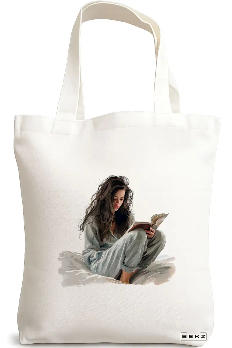 Sacosa Cumparaturi Textila, Geanta Tote, model The bookie girl 14 38 x 34.5 cm, Alb, BEKZ®