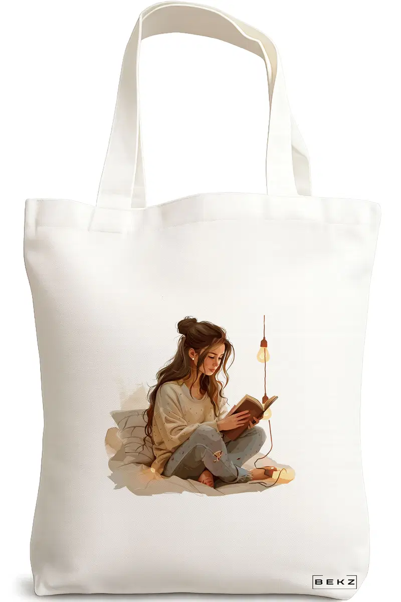 Sacosa Cumparaturi Textila, Geanta Tote, model The bookie girl 15 38 x 34.5 cm, Alb, BEKZ®