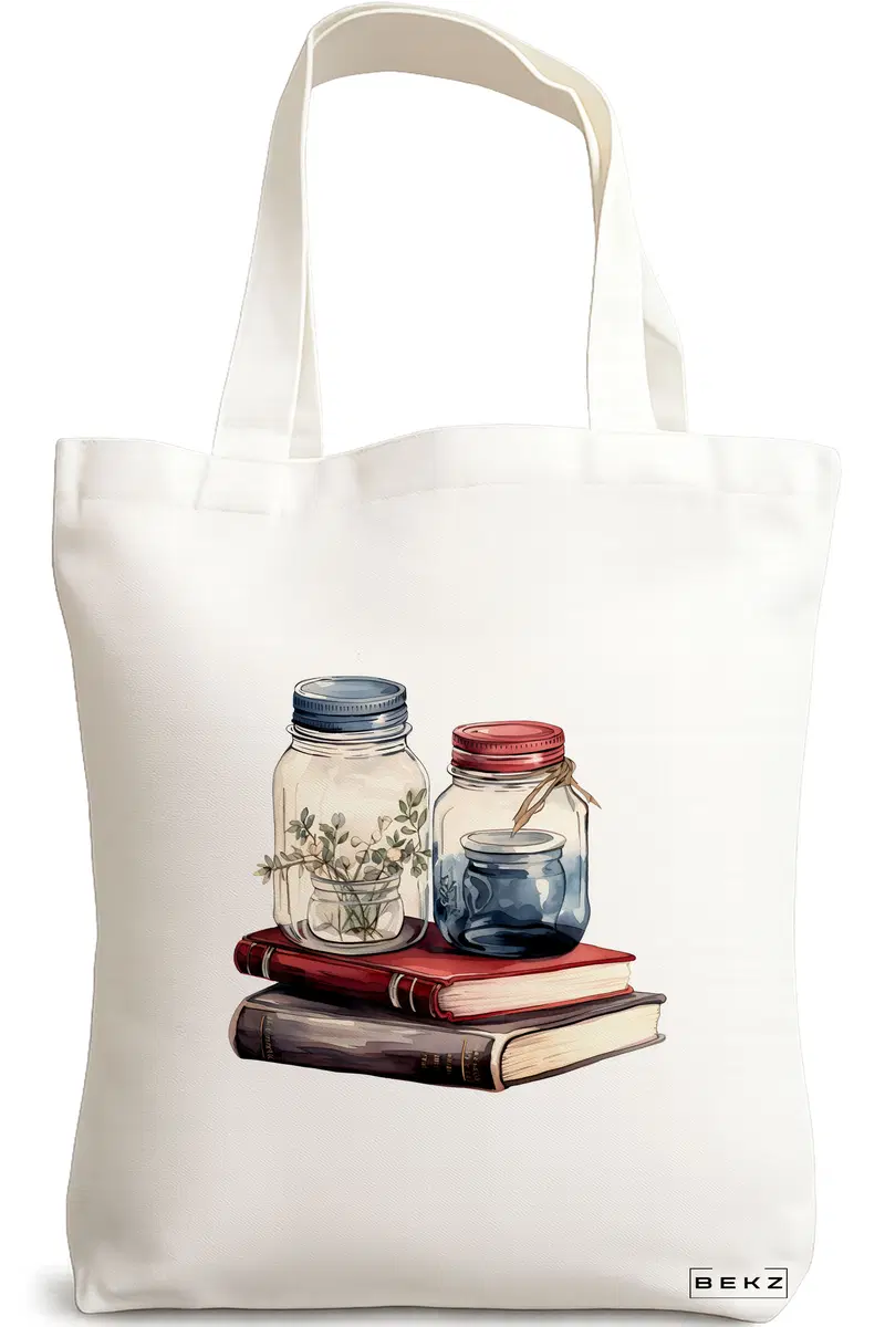 Sacosa Cumparaturi Textila, Geanta Tote, model Books and flowers 7 38 x 34.5 cm, Alb, BEKZ®
