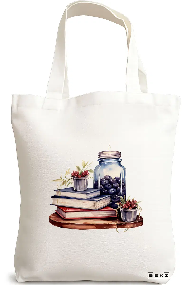 Sacosa Cumparaturi Textila, Geanta Tote, model Books and flowers 8 38 x 34.5 cm, Alb, BEKZ®