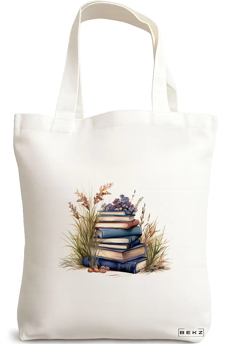 Sacosa Cumparaturi Textila, Geanta Tote, model Books and flowers 9 38 x 34.5 cm, Alb, BEKZ®