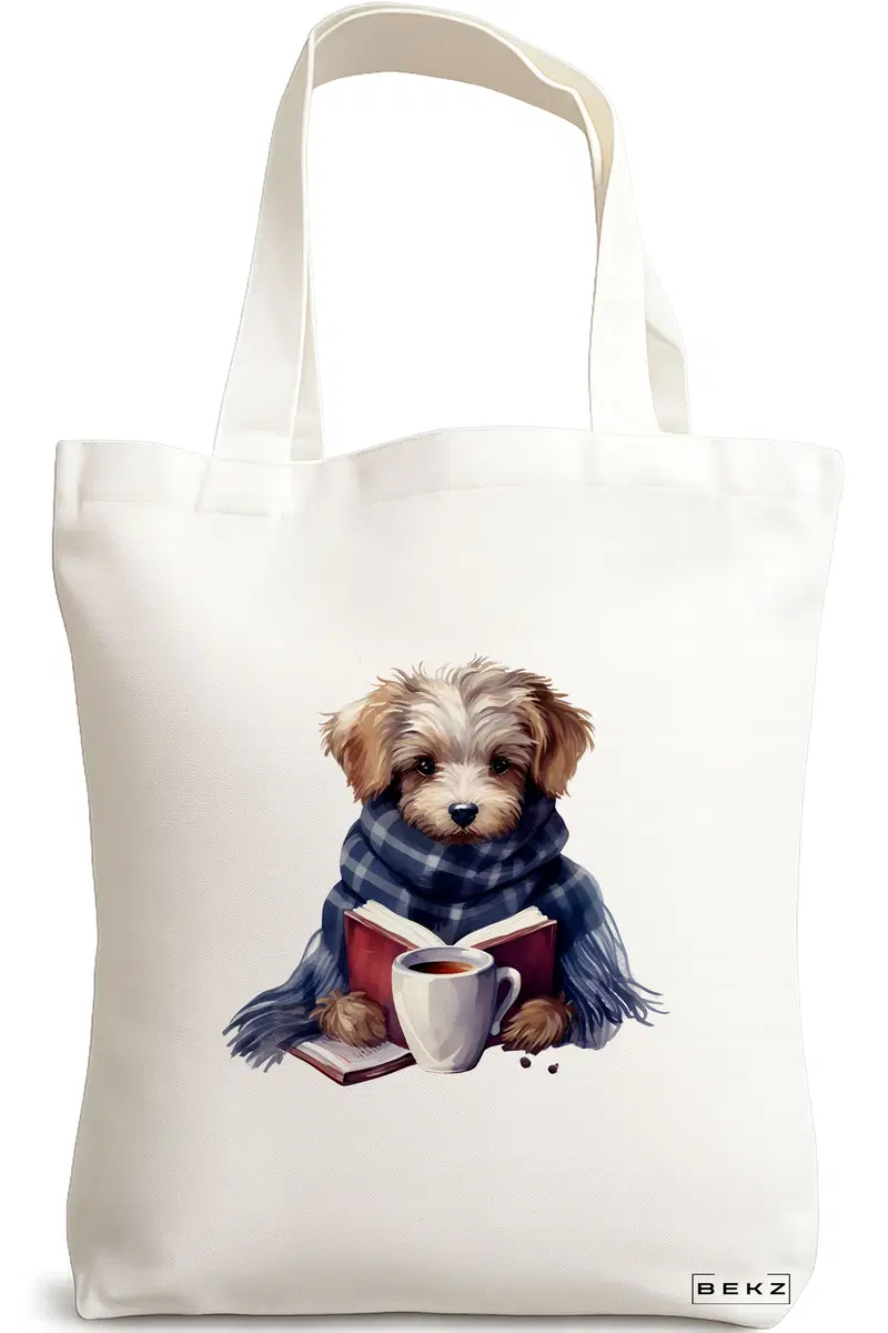 Sacosa Cumparaturi Textila, Geanta Tote, model Reading puppy 19 38 x 34.5 cm, Alb, BEKZ®