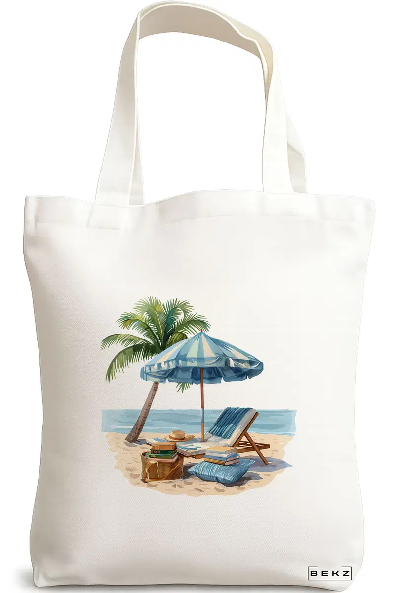 Sacosa Cumparaturi Textila, Geanta Tote, model Beach life 2 38 x 34.5 cm, Alb, BEKZ®