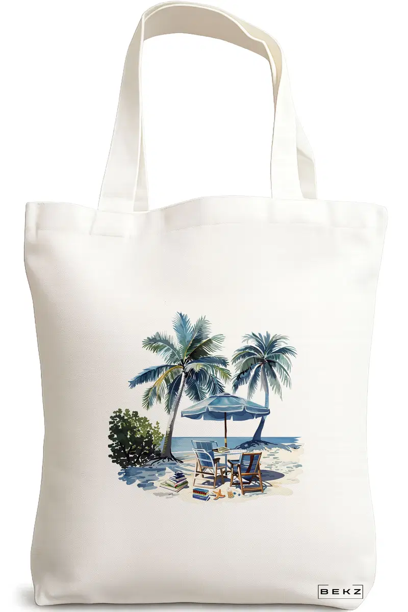 Sacosa Cumparaturi Textila, Geanta Tote, model Beach life 3 38 x 34.5 cm, Alb, BEKZ®