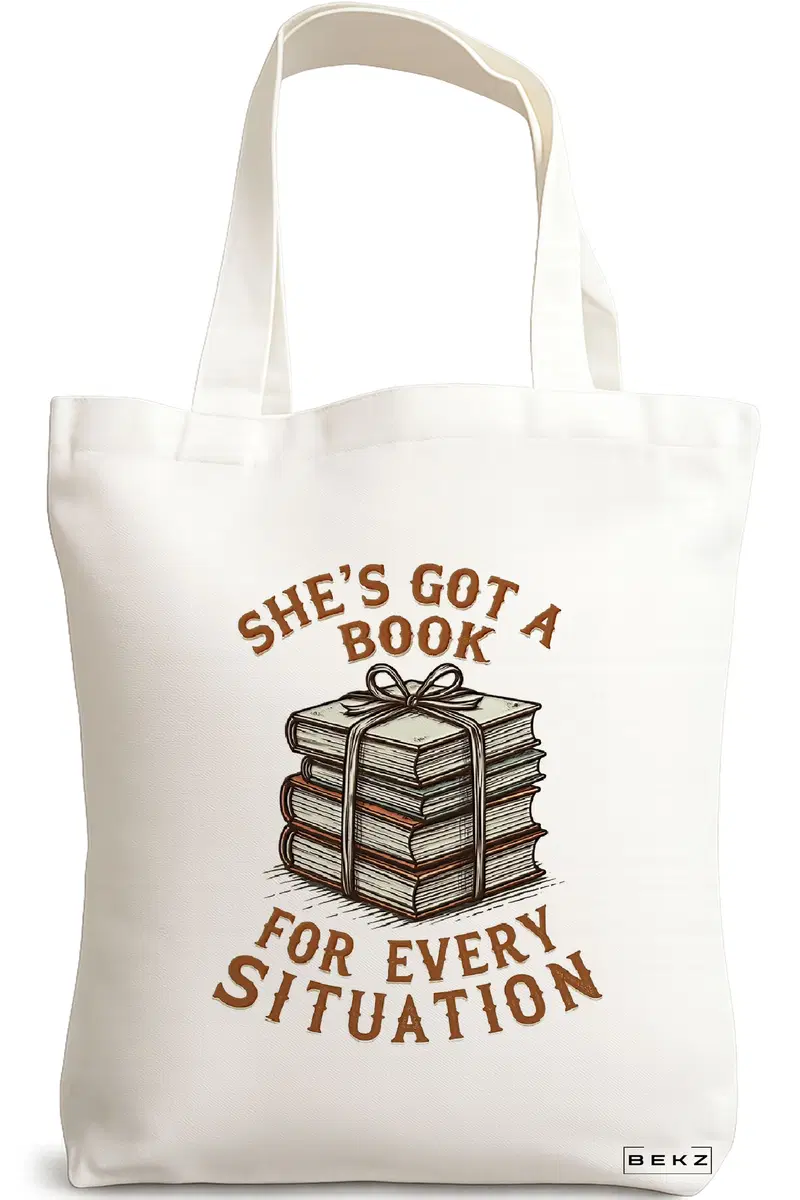 Sacosa Cumparaturi Textila, Geanta Tote, model She's got a book for every situation 38 x 34.5 cm, Alb, BEKZ®