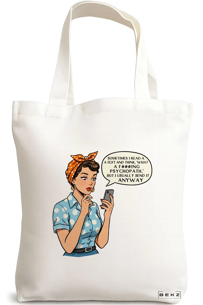Sacosa Cumparaturi Textila, Geanta Tote, model What a psycho 38 x 34.5 cm, Alb, BEKZ®