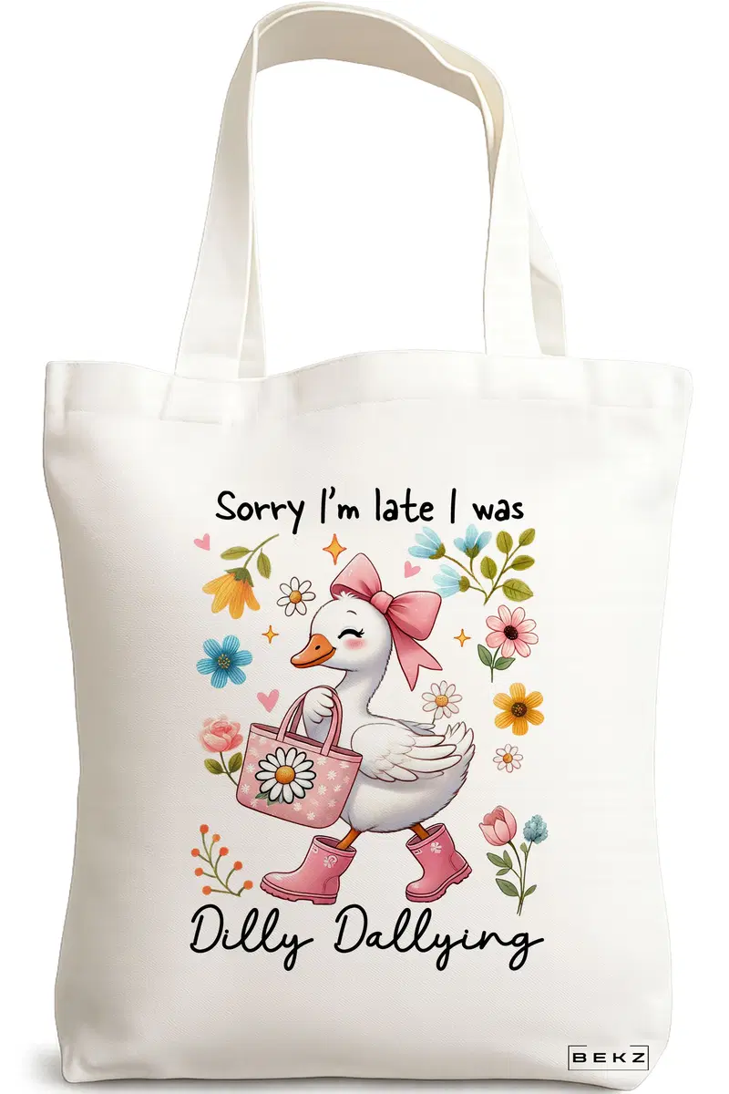 Sacosa Cumparaturi Textila, Geanta Tote, model Sorry I'm late I was dilly dallying 3 38 x 34.5 cm, Alb, BEKZ®