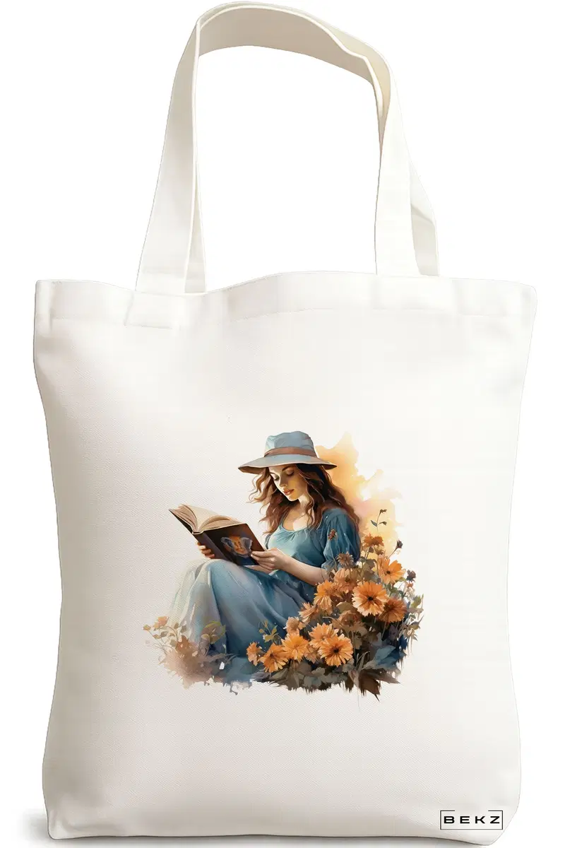 Sacosa Cumparaturi Textila, Geanta Tote, model The bookie girl 16 38 x 34.5 cm, Alb, BEKZ®
