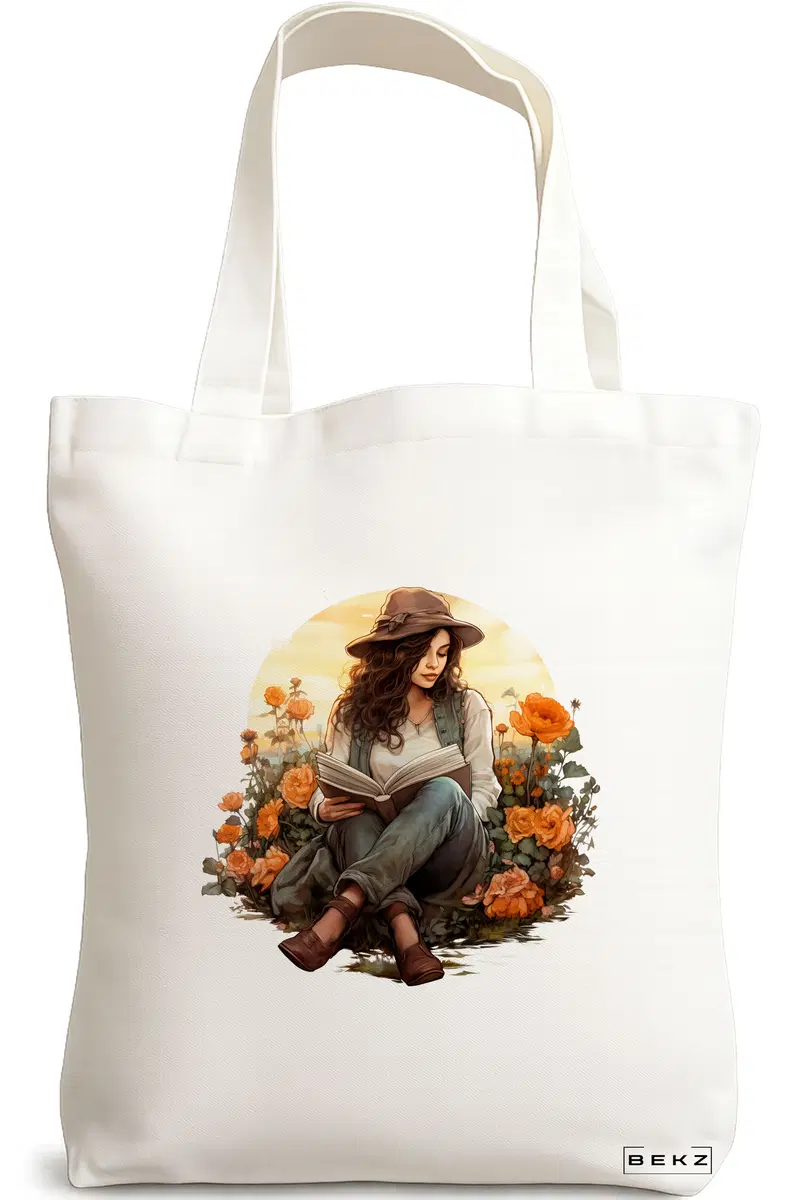 Sacosa Cumparaturi Textila, Geanta Tote, model The bookie girl 17 38 x 34.5 cm, Alb, BEKZ®