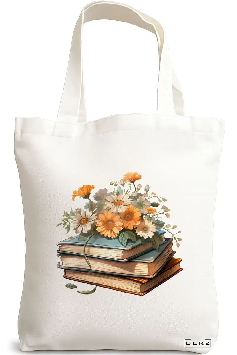 Sacosa Cumparaturi Textila, Geanta Tote, model Books and flowers 11 38 x 34.5 cm, Alb, BEKZ®