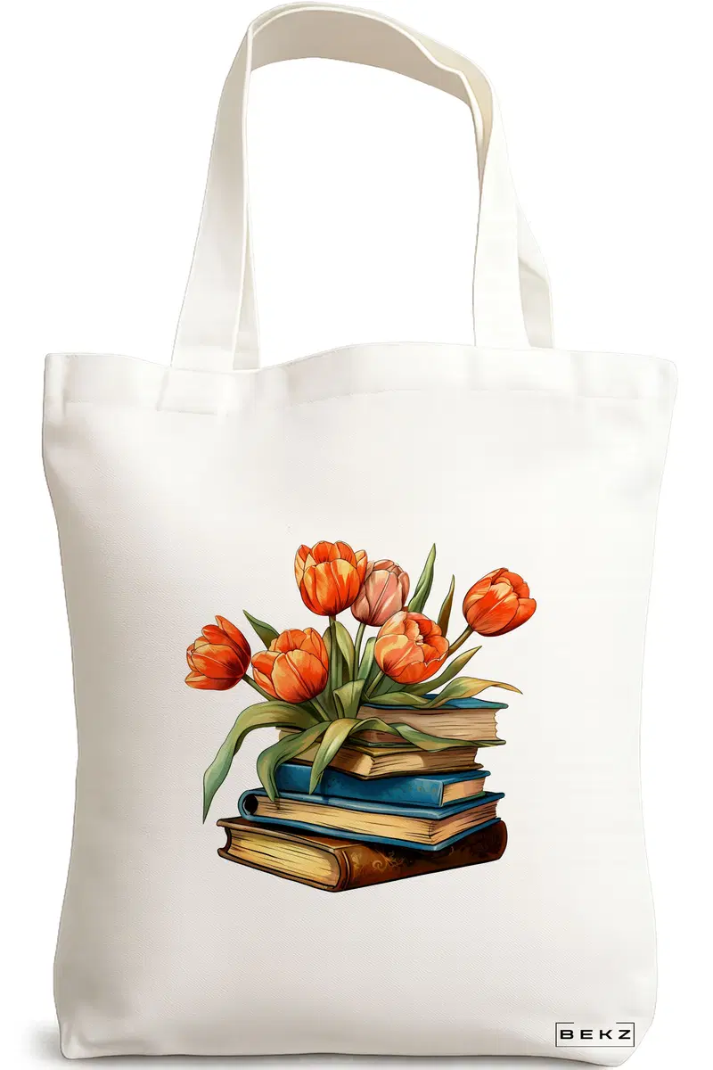 Sacosa Cumparaturi Textila, Geanta Tote, model Books and flowers 12 38 x 34.5 cm, Alb, BEKZ®