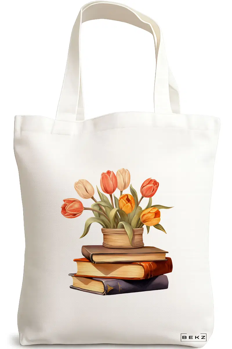 Sacosa Cumparaturi Textila, Geanta Tote, model Books and flowers 13 38 x 34.5 cm, Alb, BEKZ®