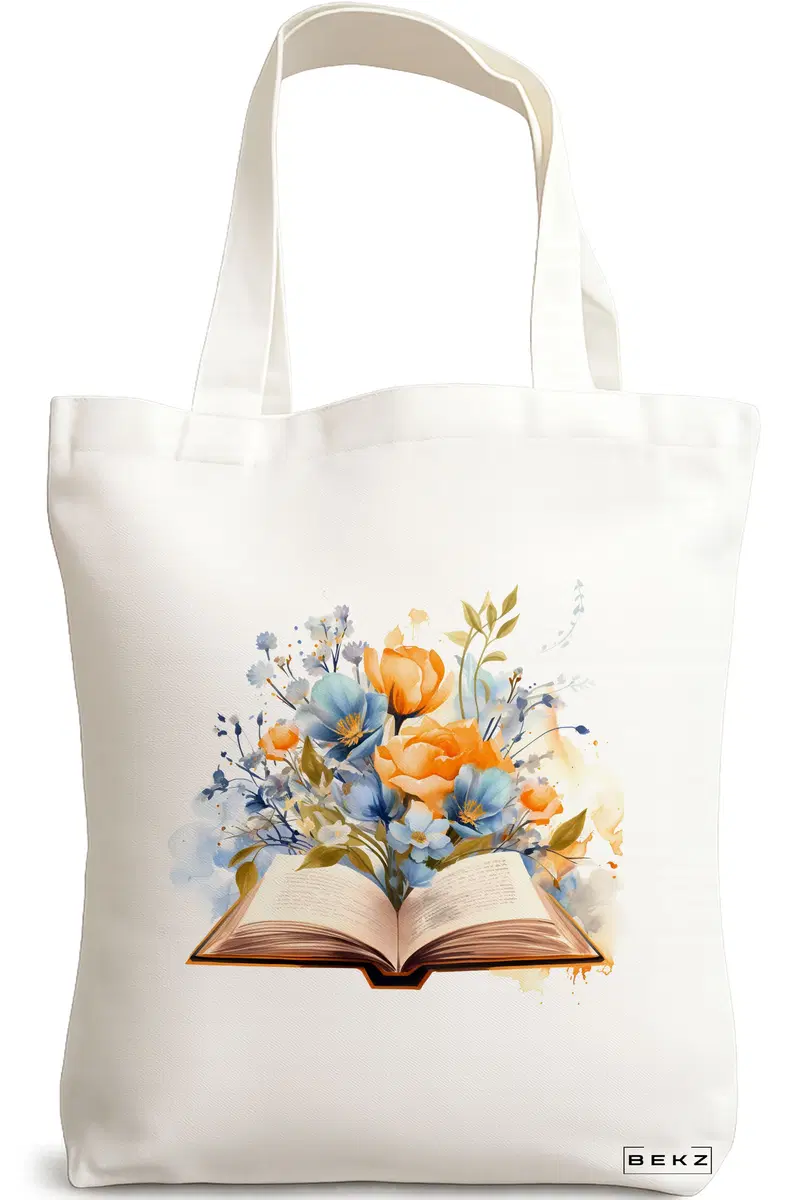 Sacosa Cumparaturi Textila, Geanta Tote, model Books and flowers 14 38 x 34.5 cm, Alb, BEKZ®