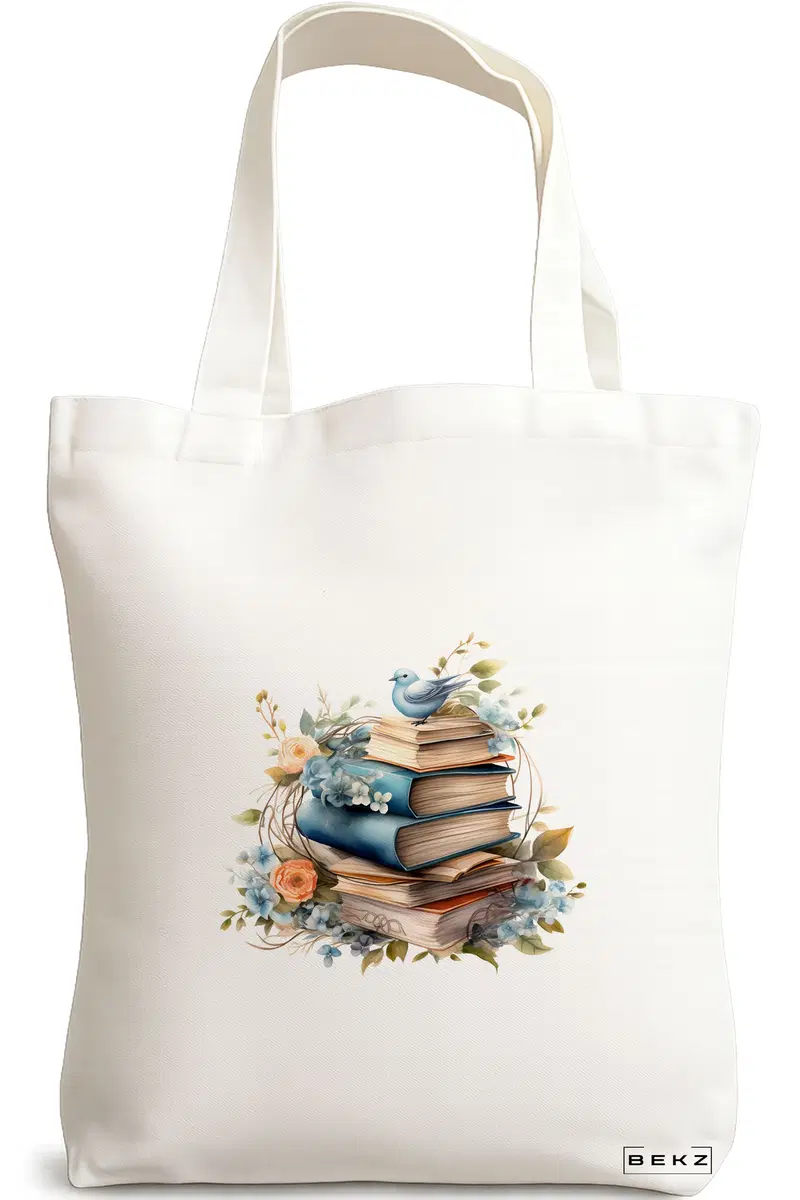 Sacosa Cumparaturi Textila, Geanta Tote, model Books and flowers 15 38 x 34.5 cm, Alb, BEKZ®
