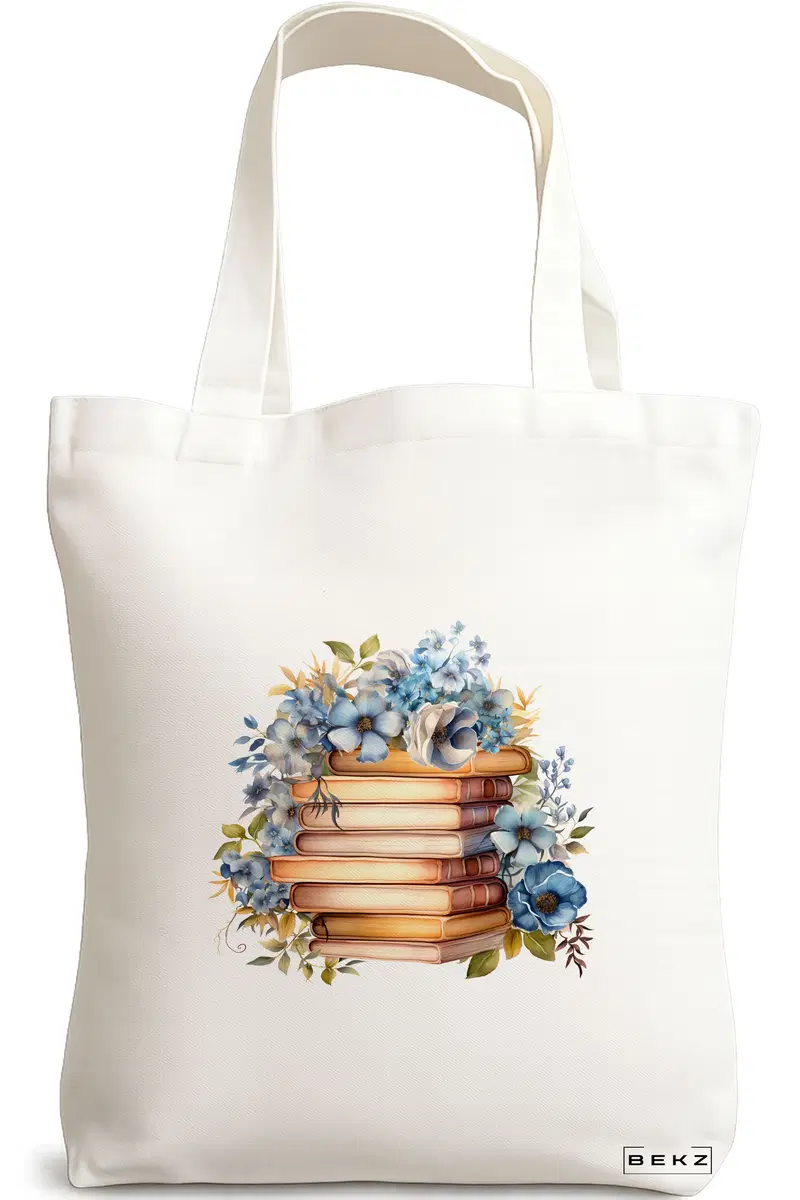 Sacosa Cumparaturi Textila, Geanta Tote, model Books and flowers 16 38 x 34.5 cm, Alb, BEKZ®