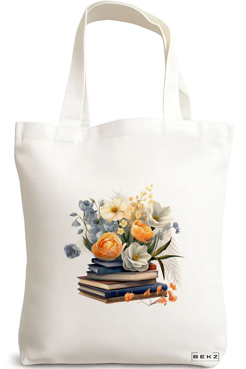 Sacosa Cumparaturi Textila, Geanta Tote, model Books and flowers 17 38 x 34.5 cm, Alb, BEKZ®