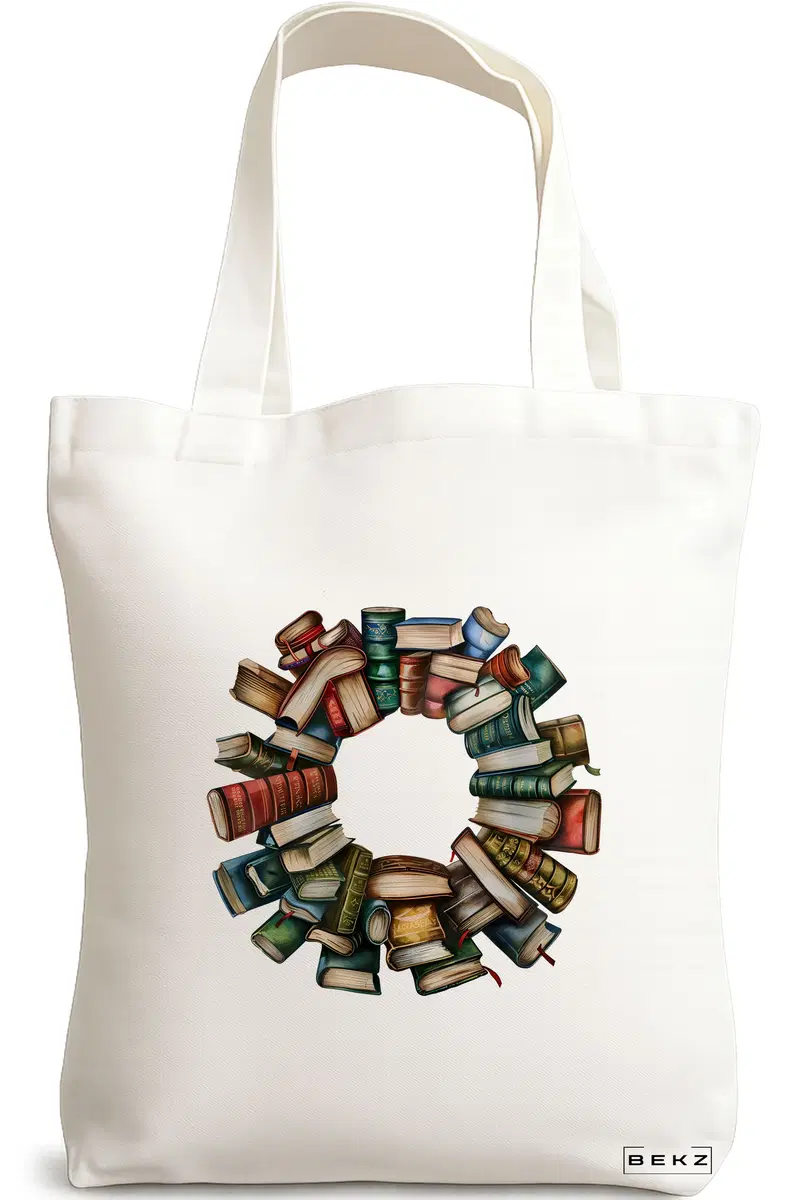 Sacosa Cumparaturi Textila, Geanta Tote, model Books and flowers 18 38 x 34.5 cm, Alb, BEKZ®