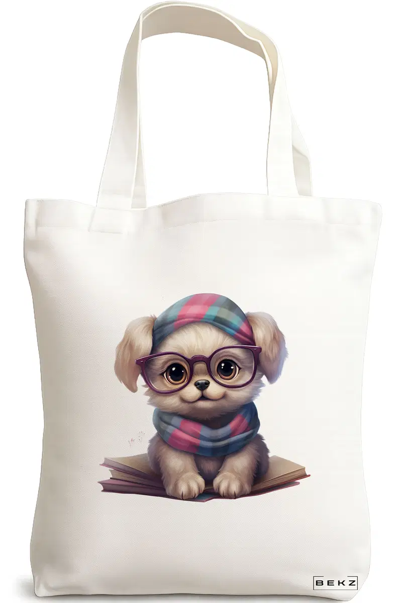 Sacosa Cumparaturi Textila, Geanta Tote, model Reading puppy 20 38 x 34.5 cm, Alb, BEKZ®