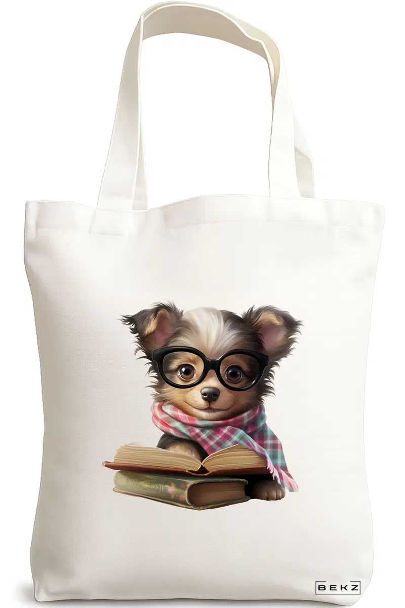 Sacosa Cumparaturi Textila, Geanta Tote, model Reading puppy 21 38 x 34.5 cm, Alb, BEKZ®