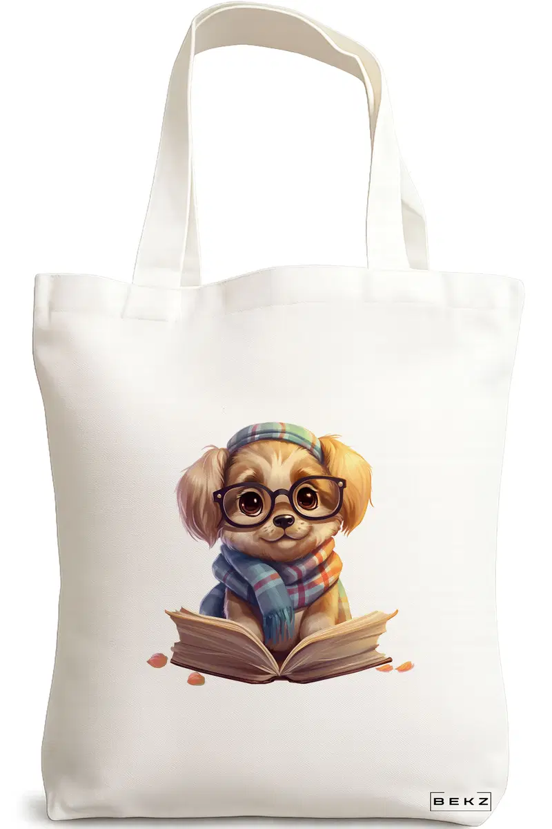 Sacosa Cumparaturi Textila, Geanta Tote, model Reading puppy 22 38 x 34.5 cm, Alb, BEKZ®