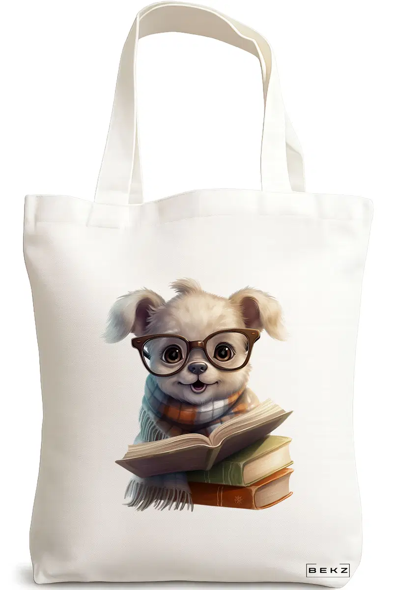 Sacosa Cumparaturi Textila, Geanta Tote, model Reading puppy 23 38 x 34.5 cm, Alb, BEKZ®