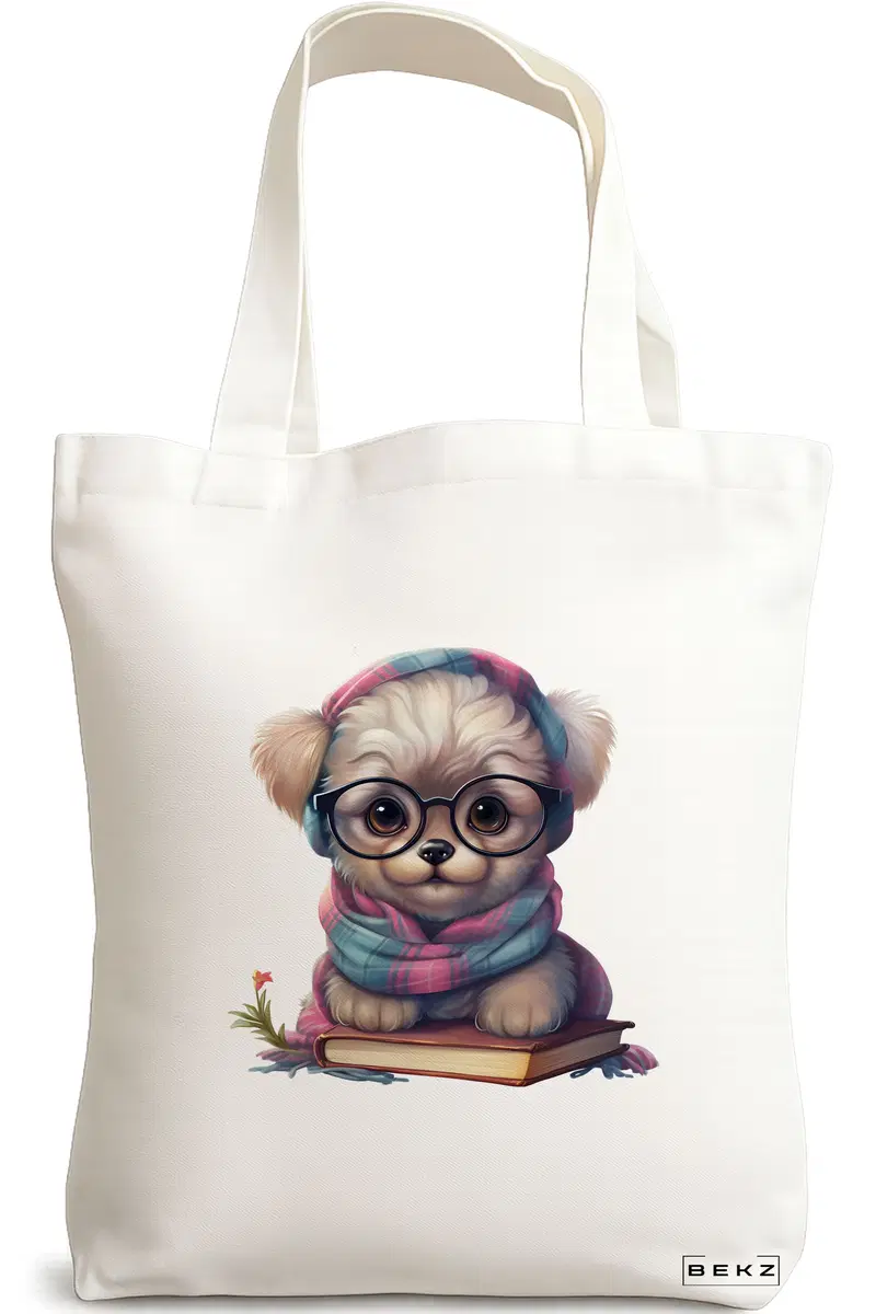 Sacosa Cumparaturi Textila, Geanta Tote, model Reading puppy 24 38 x 34.5 cm, Alb, BEKZ®