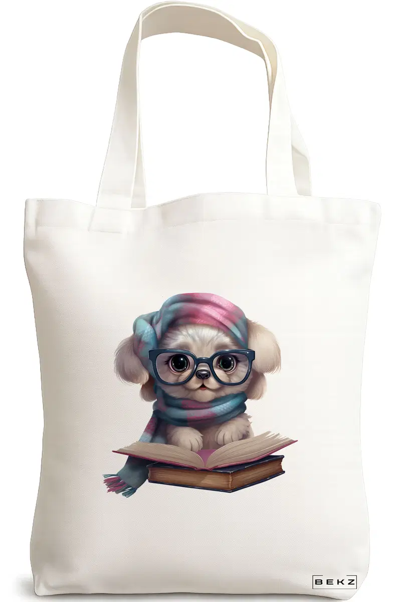 Sacosa Cumparaturi Textila, Geanta Tote, model Reading puppy 25 38 x 34.5 cm, Alb, BEKZ®