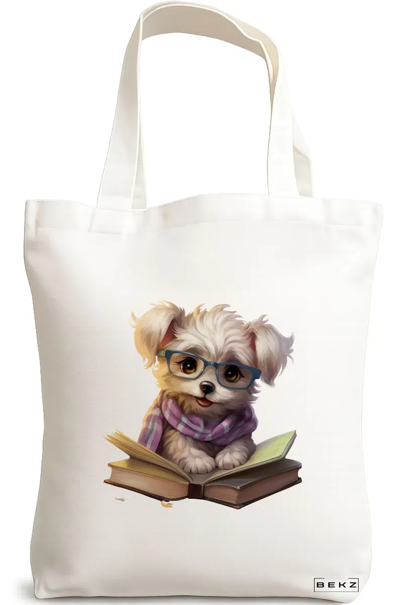 Sacosa Cumparaturi Textila, Geanta Tote, model Reading puppy 26 38 x 34.5 cm, Alb, BEKZ®