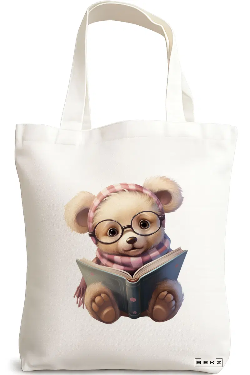 Sacosa Cumparaturi Textila, Geanta Tote, model Reading puppy 28 38 x 34.5 cm, Alb, BEKZ®