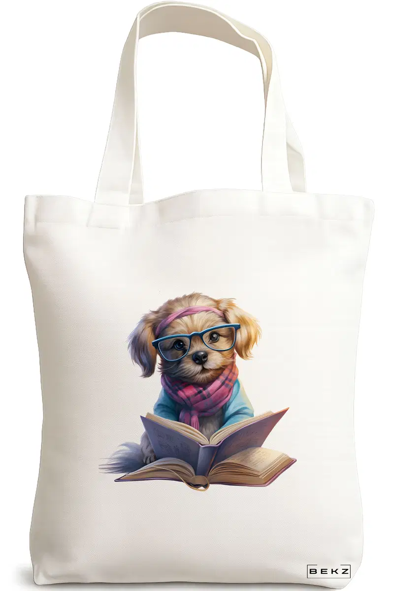 Sacosa Cumparaturi Textila, Geanta Tote, model Reading puppy 31 38 x 34.5 cm, Alb, BEKZ®