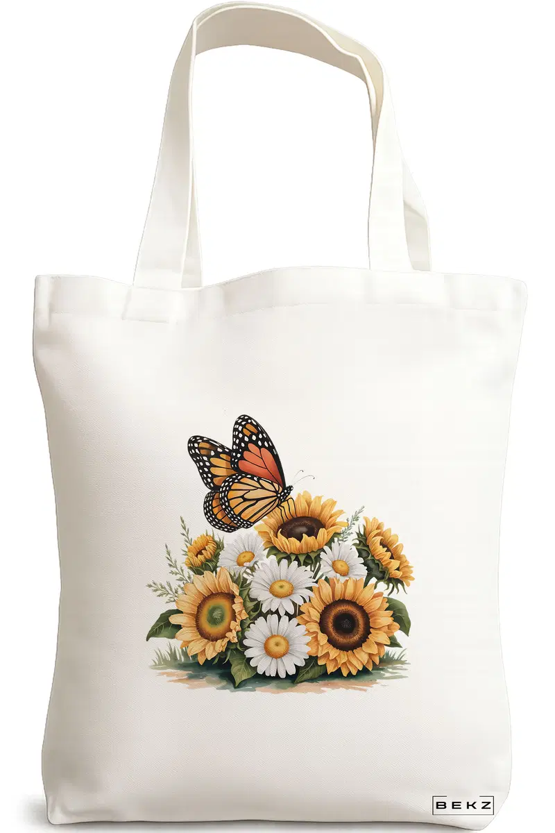 Sacosa Cumparaturi Textila, Geanta Tote, model Sunflowers 38 x 34.5 cm, Alb, BEKZ®
