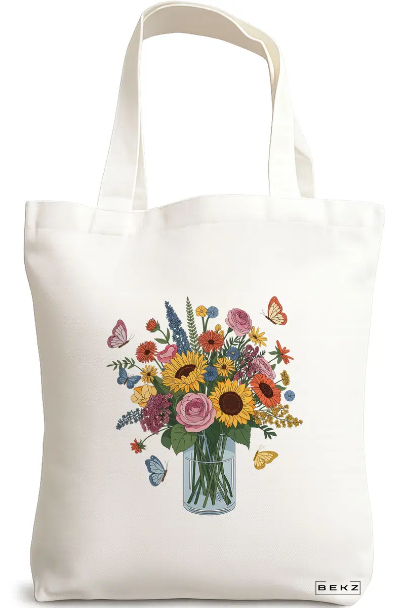 Sacosa Cumparaturi Textila, Geanta Tote, model Flowers 21 38 x 34.5 cm, Alb, BEKZ®
