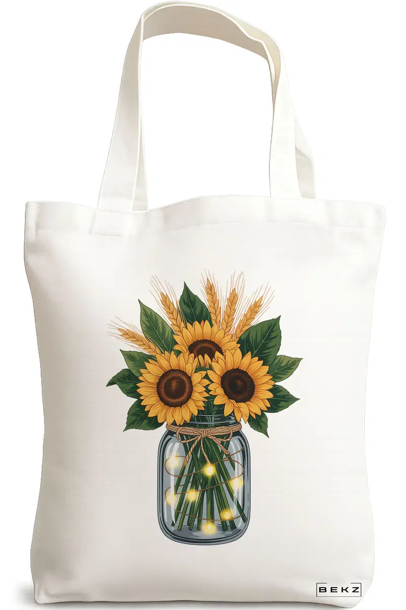 Sacosa Cumparaturi Textila, Geanta Tote, model Sunflowers 2 38 x 34.5 cm, Alb, BEKZ®