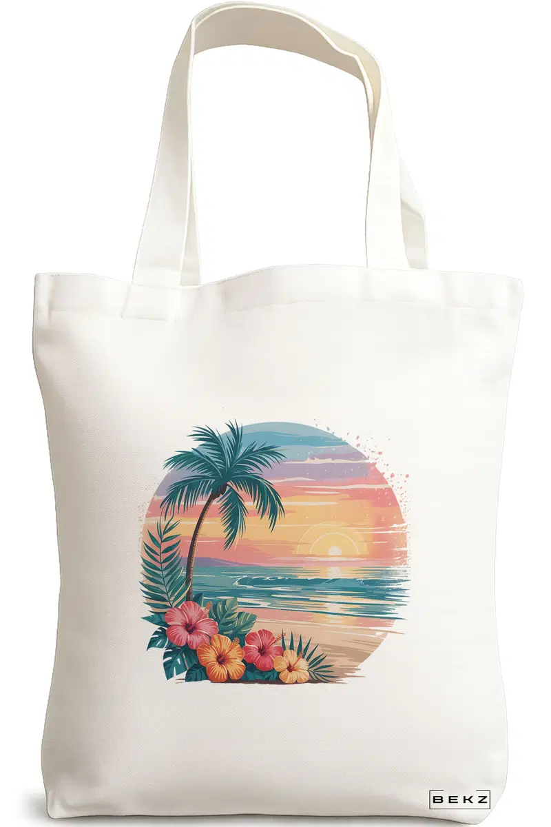 Sacosa Cumparaturi Textila, Geanta Tote, model Tropical Sunset 5 38 x 34.5 cm, Alb, BEKZ®