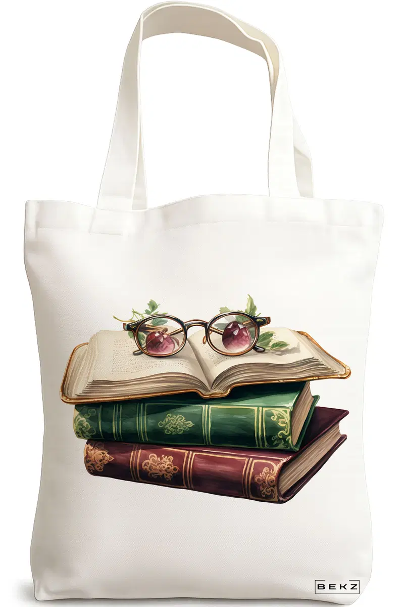 Sacosa Cumparaturi Textila, Geanta Tote, model Books and glasses 38 x 34.5 cm, Alb, BEKZ®