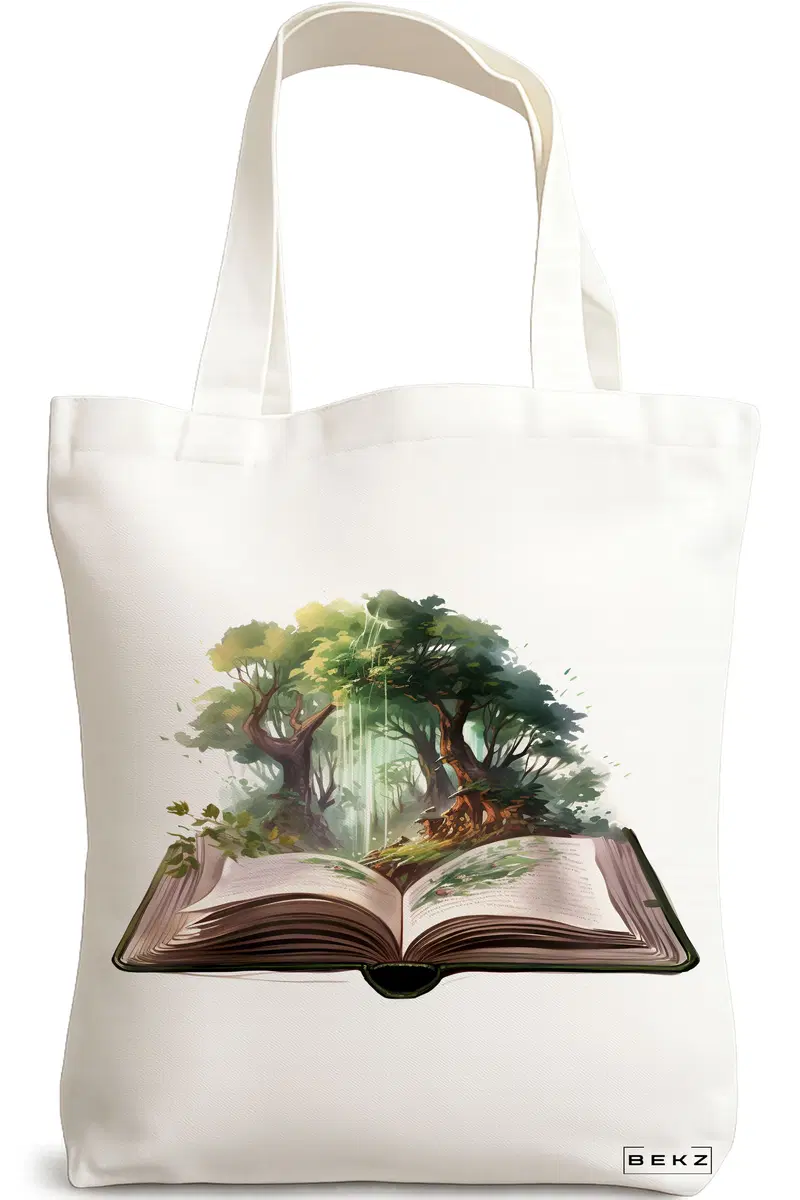 Sacosa Cumparaturi Textila, Geanta Tote, model Books in the tropical 38 x 34.5 cm, Alb, BEKZ®